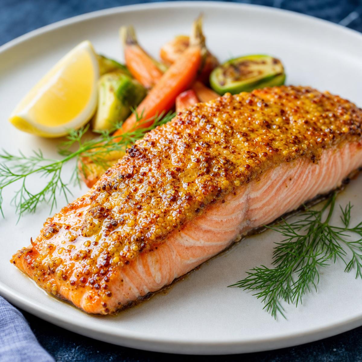 Salmón rosado en costra de miel y mostaza